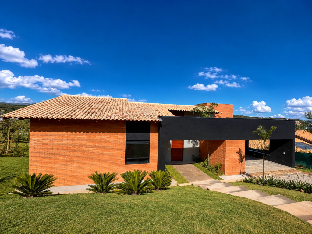 Casa linear contemporânea com piscina e vista para a serra, em Casa Branca